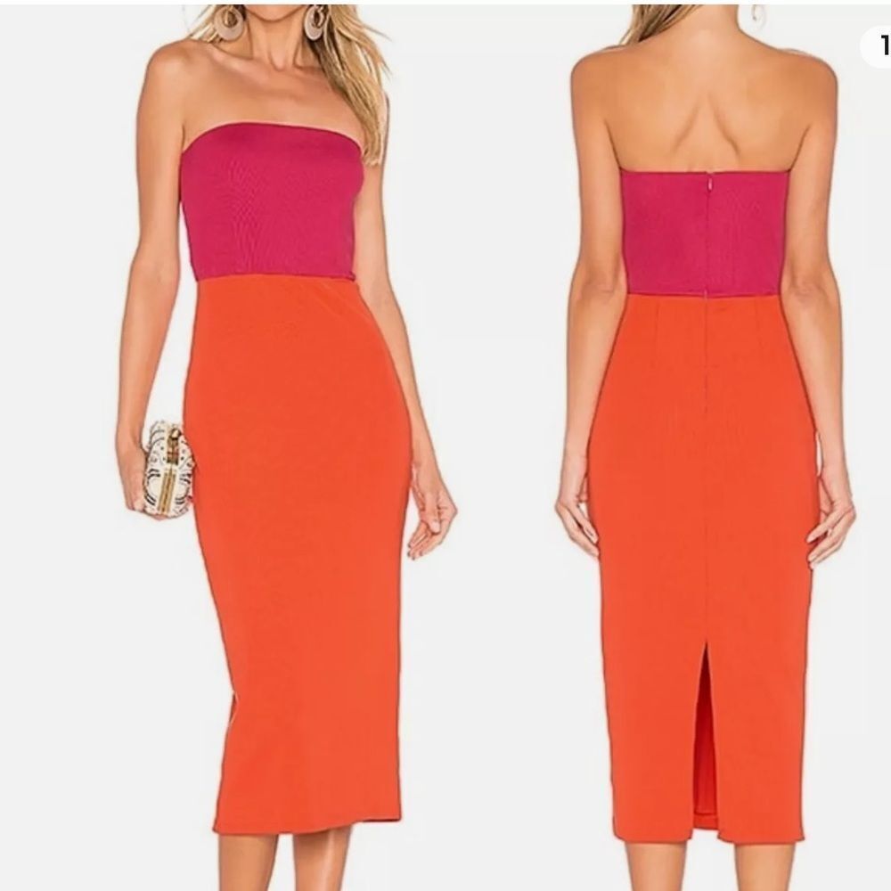 NBD Pink and Orange Strapless Midi Dress